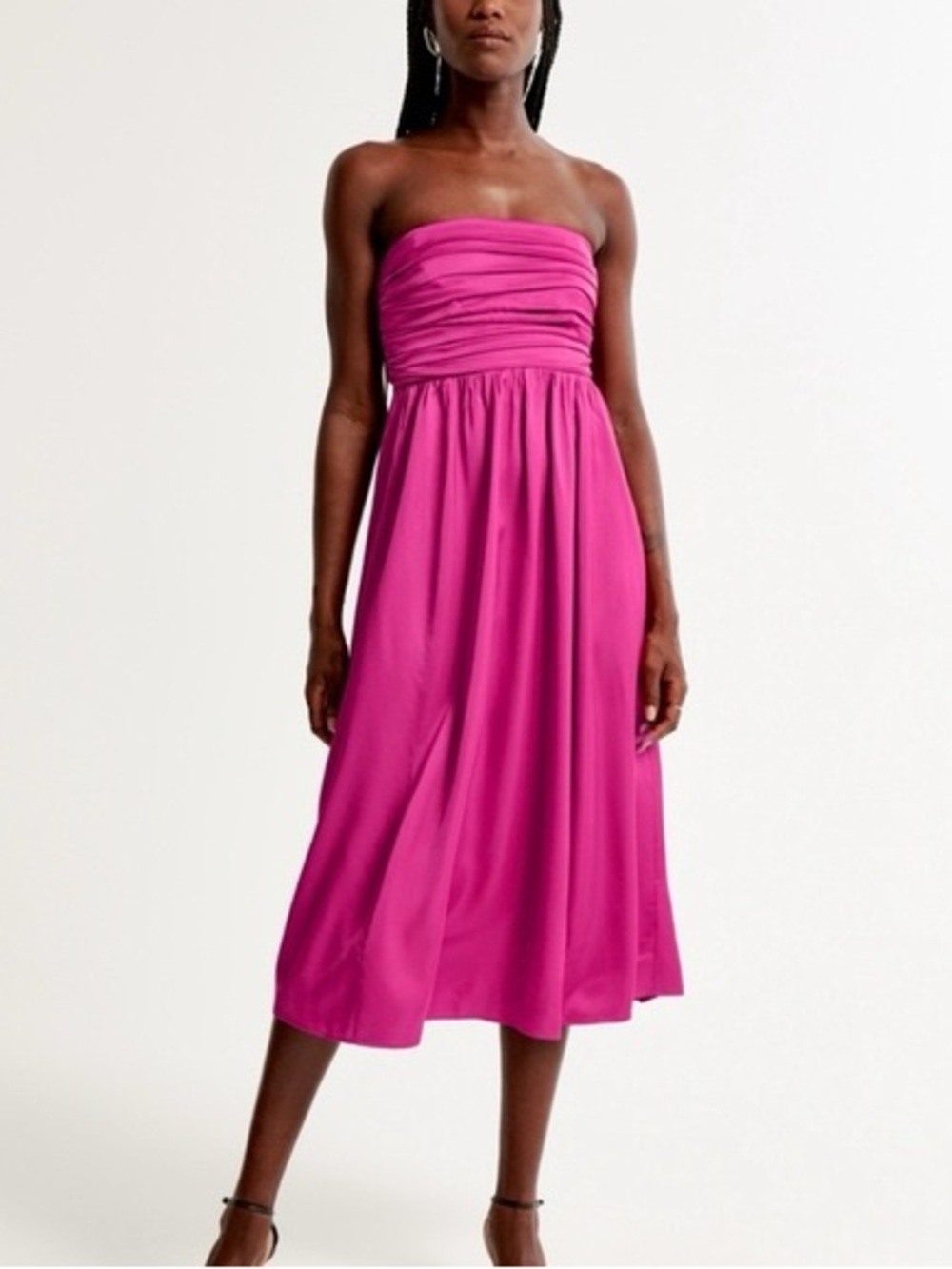 Abercrombie Strapless Ruched Midi Dress in Fuchsia Pink